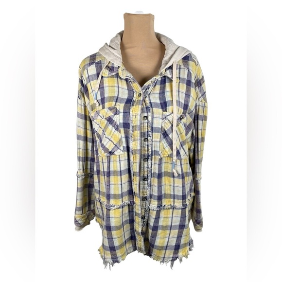 FREE PEOPLE Calico Basin Plaid Hooded Shacket Ivory Blue Combo Medium - Picture 4 of 14